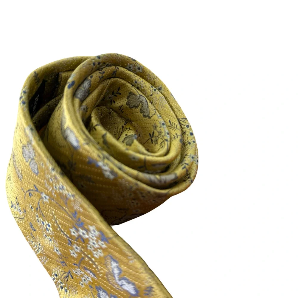 JS Blank & Co New York 100% Silk Floral Necktie Neck Tie Gray Yellow 3